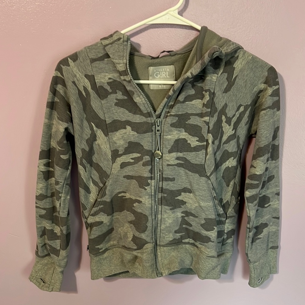 Athleta Girl Gray Camouflage Patterned Zip up Hooded Sweatshirt